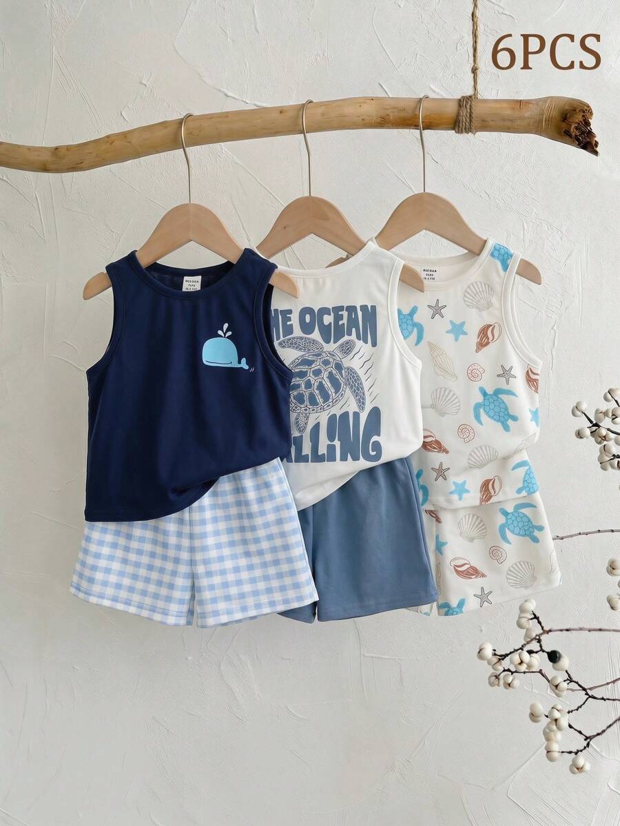 SHEIN 6pcs/Set Baby Boy Cute Summer Vacation Casual Knit Cartoon Sea Turtle&Ocean Pattern Plaid Vest&Elastic Waist Shorts Set,Adorable - Multicolor - View 1