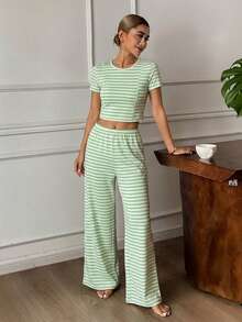 DAZY 2er/Set gestreiftes figurbetontes Kurzarm T-Shirt & gerade lange Pyjamahose Sommer Damen Schlafanzug Set - Grün - Übersicht 5