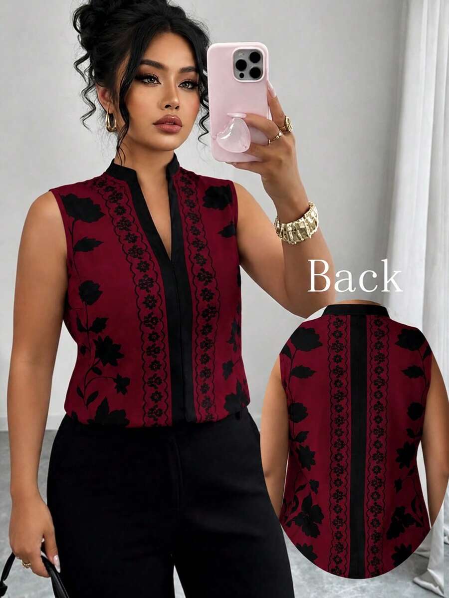 Elenzga 春夏酒紅色無袖V領時尚百搭街頭風優雅舒適面料大尺碼襯衫 教師節正式晚宴適用 - 紅色 - 查看 1