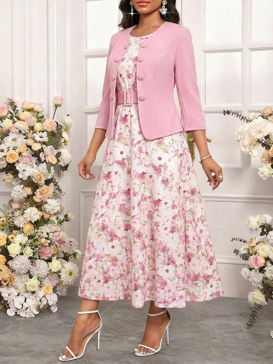 SHEIN Lady 優雅兩件式素色外套搭配長款印花女款蓮藕粉洋裝,四季皆宜 - 藕粉色 - 查看 1