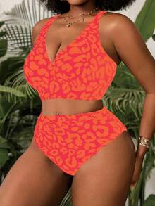 Slaydiva Women's Plus Size 2pcs Leopard Print V-Neck High Waist Triangle Bikini Set Vacation Tank Style Swimsuit Orange Summer Beach Sexy - Multicolor - View 3