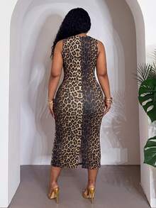 Slaydiva Women's Plus Size Round Neck Sleeveless Leopard Print Bodycon Sexy Dress Concert Chocolate Brown Summer - Brown - View 4