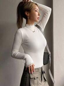 DAZY Women's 2 In 1 Solid Color Knit Long Sleeve Sweater,Long Sleeve Tops,Fall Women Clothes - Apricot - View 9