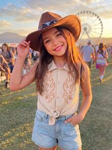 Emery Rose Kids Emery Rose Kids 女童無袖鈕扣短版上衣 西部刺繡前綁帶式夏季上衣 柔軟背心衫 童裝 - 卡其色 - 查看 11