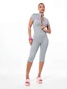 BABYPHAT Jersey Capri Zip Up Jumpsuit With Short Sleeves And Front Zipper - Light Grey - View 4