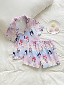 SHEIN 夏季女童幼童粉紫色阻燃牛奶絲面料甜美可愛音樂搖滾女孩印花短袖短褲舒適2件套家居服2件套 - 紫色 - 查看 9