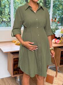 SHEIN Green Long-Sleeved Shirt Dress For Pregnant Women Single-Breasted Pleated Casual Business Teachers' Day Autumn Fall Maternity Photoshoot - Army Green - View 7