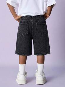 SHEIN Little Byeori Quần short denim túi rách cho bé trai tuổi teen - màu đen - Xem 2