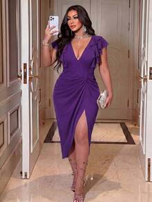 NU&NOW Plus Size Women's Spring/Summer New Arrival Sexy Mature Style Black V-Neck Ruffle Sleeve Dress, Drawstring Ruched Side Slit Slimming Midi Dress. Suitable For Nightlife, Streetwear, Party, Urban Outings, Music Festivals, Sexy Mature Style Fashion Apparel, Simple Fashion Plus Size Women's Clothing. - Purple - View 4