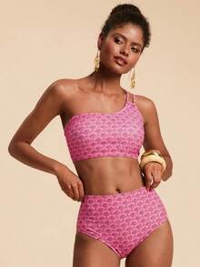 Travachic Women's Summer Beach One-Shoulder All-Over Print Bikini And Triangle Bottoms Two-Piece Swimsuit Set - Pink - View 5