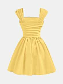 SHEIN Girlism Teen Girls Dresses Shoulder Ruffle Bust Ruffle Large A-Line Strappy Dress, Yellow, Elegant - Yellow - View 2