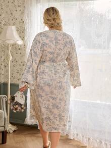 CottageSlumber Floral Print Crepe Long Sleeve Plus Size Nightgown - Apricot - View 10
