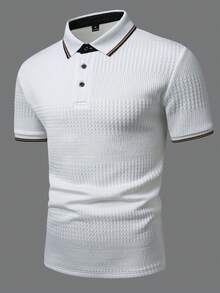 EGENSIO Men's Knit Jacquard Textured Collar 3-Button Polo Shirt, Ceremony - White - View 4