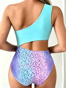 SHEIN Swim Đồ bơi nữ một mảnh lệch vai bất đối xứng, phối màu trơn và họa tiết da báo, không tay, phong cách thường ngày thoải mái cho kỳ nghỉ - Nhiều màu - Xem 2