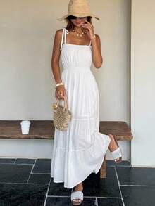 Wynsel Women Solid Color Simple And Fresh Daily Wear Spring/Summer Spaghetti Strap Dress Sundress Sheer,Casual Women Dresses - White - View 13