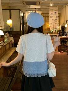 Livesso Women's Summer Casual Colorblock Ruffle Hem T-Shirt Vacation Cute Top - Grey - View 2