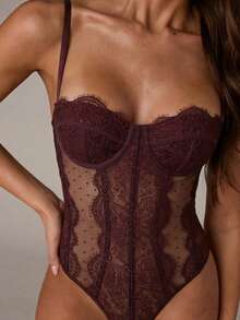 SHEIN BAE 女士撞色蕾丝波点网纱性感吊带连体衣 - 紫紅色 - 查看 5