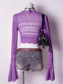 SHEIN Unity 女款鏤空繫帶鉤編開襟衫，適合日常穿著 - 紫色 - 查看 2