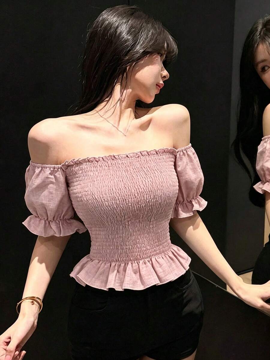 DAZY 春夏辣妹音樂節露肩平口式收腰上衣休閒度假優雅荷葉邊拼接短袖粉色女款上衣 - 粉色 - 查看 1
