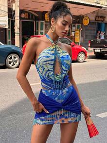 Aloruh Women's Sexy Plunging Neck Tie-Dye Animal Print Fringe Camisole, Spring/Summer - Multicolor - View 2