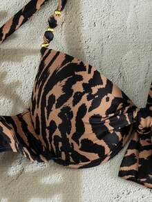 Swim Lushoire American Style Hot Girl Vintage Leopard Print Halter Neck Push-Up Top With Bow & Beaded Decoration, Back Tie & Side Tie Bikini Bottoms, Summer Vacation Music Festival Beach Party Niche Eye-Catching Hot & Relaxed Vibe Youthful Seaside Photo-Ready Island Holiday Outfit - Brown - View 7