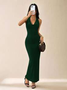 SHEIN PETITE Women's Solid Color Mesh Draped Neck Ruffle Collar Elegant Date Long Dress Vacation Style Dress Autumn/Winter Holiday Outfit ,Petite Women - Dark Green - View 5