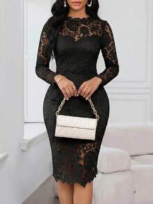 SHEIN Lady Vestido Elegante de Moda Ajustado com Manga Longa e Renda de Cor Sólida para Mulheres - Preto - Visão 3