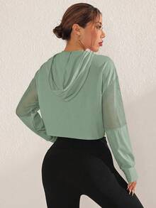 Sovereign Charm Women's Breathable Patchwork Mesh Drawstring Hooded Sports Sweatshirt - Green - View 2
