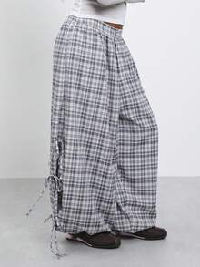 COUREZ Pantalones holgados tipo globo con detalle de lazos laterales en cuadros estilo Y2K 2000s disco 90s country otoño para mujer para salir uso diario fiesta en la piscina fiesta concierto - Gris - Ver 6