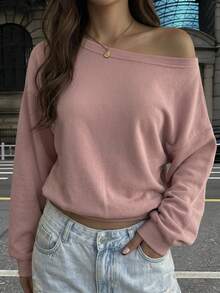 DAZY Ladies' Plain Asymmetrical Shoulder T-Shirt Long Sleeve Women Tops Off Shoulder Top - Pink - View 11