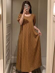 DAZY Pattern All-Over Print Lightweight Round Neck Short Sleeve Long Dress Summer Outfit Women's Nightgown Pajamas - Green - View 6