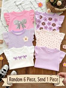 Souflis Souflis Gentle Purple Stripe, 3D Bow Pattern, Young Girl Casual Simple Versatile Round Neck Cap Sleeve T-Shirt 1pc Suitable For Spring/Summer Daily Wear, - Pink - View 1