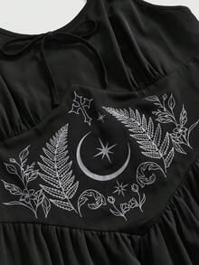 ROMWE Goth 春季深色月光森林印花腰帶設計收腰不對稱下擺大尺碼洋裝 - 黑色 - 查看 3