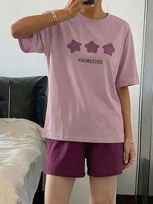 DAZY 極簡星星印花寬鬆短袖上衣與長褲 2 件組女款居家服套裝 夏季睡衣 - 淺灰紫 - 查看 3