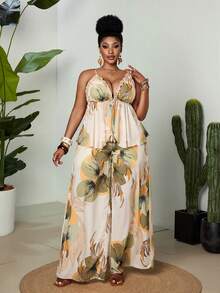 Maweii Damen Große Größen Set aus geraffeltem Cami Top-Top mit Blume Muster und weiter Hose, Lässig Outfit - Verschiedenfarbig - Übersicht 4