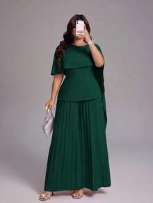 Viva Relle Plus Size Women's Spring/Summer New Lightweight Luxury Banquet Style Bean Paste Pink Jumpsuit, Asymmetric Shawl Waist-Cinched Pleated Wide-Leg Pants. Suitable For High-End Evening Parties, Wedding Guests, Red Carpet Events, Lightweight Luxury Banquet Style Fashion Apparel - Dark Green - View 7