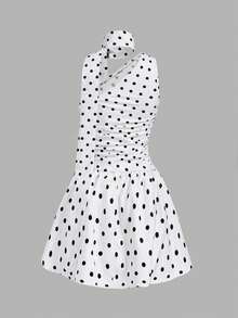SHEIN MOD 女款圓點印花荷葉邊無袖甜美法式風格洋裝 - 黑與白 - 查看 4