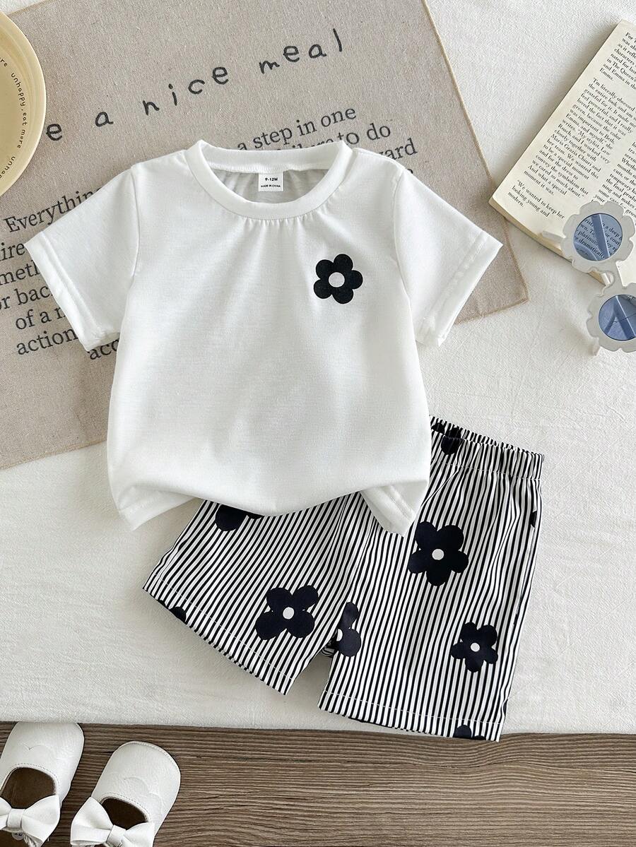 SHEIN Playful Pals 2件組女嬰幼兒/新生兒0-3歲春夏季休閒日常趣味臘腸狗印花圓領T恤上衣+粉色條紋短褲套裝 - 黑與白 - 查看 1