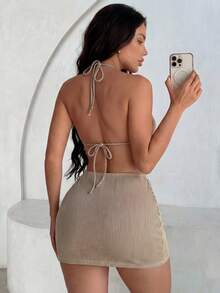 Swim SXY Summer Beach 3packs Halter Triangle High Cut Bikini & Beach Skirt - Khaki - View 2