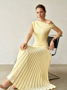 MOTF PREMIUM SPRING/SUMMER WOMEN'S ELEGANT PLEATED LONG COMMUTER DRESS HOLIDAY PALE YELLOW GARDEN PARTY BRUNCH - Yellow - View 2