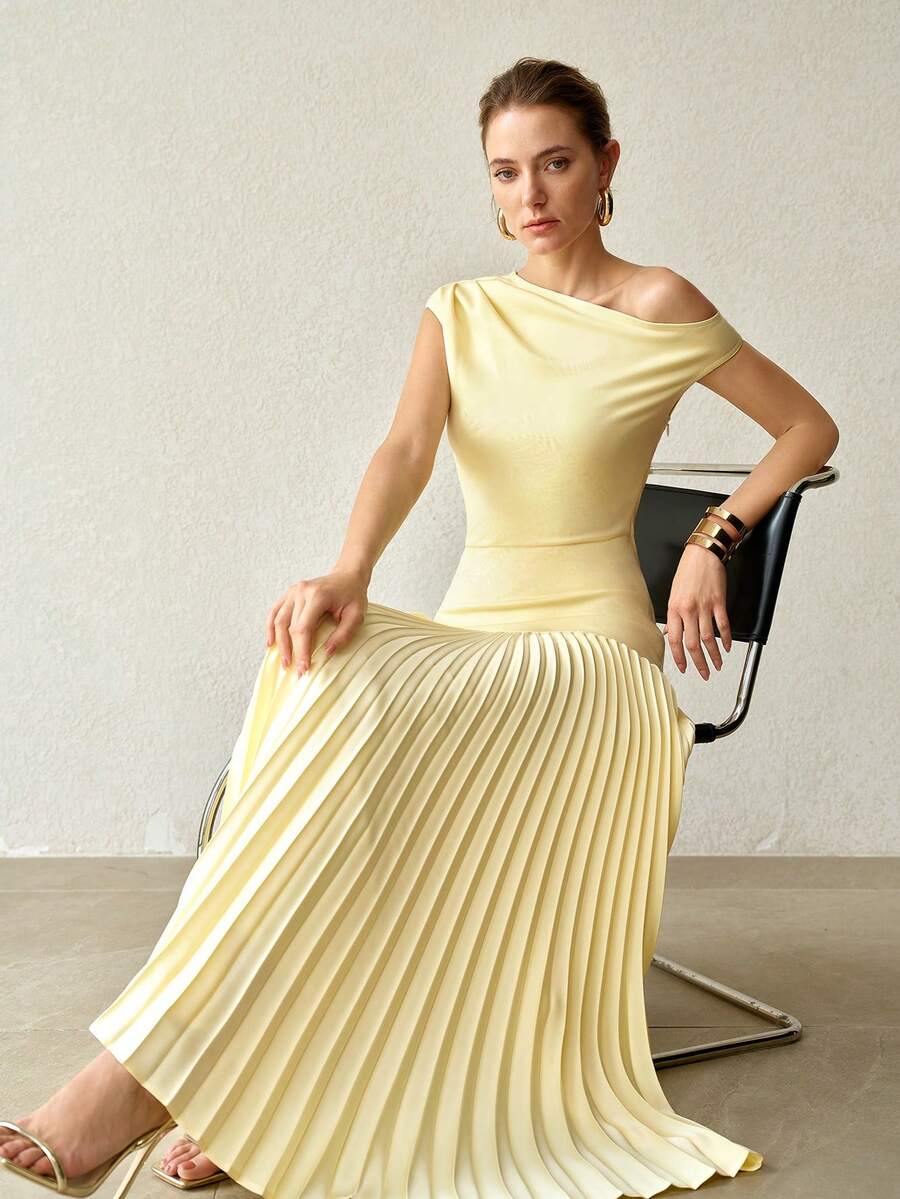 MOTF PREMIUM SPRING/SUMMER WOMEN'S ELEGANT PLEATED LONG COMMUTER DRESS HOLIDAY PALE YELLOW GARDEN PARTY BRUNCH - Yellow - View 2