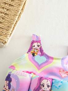 SHEIN 女童新款時尚女孩連身無袖短褲泳衣，可愛印花泳裝，女童無袖連身泳衣 - 粉色 - 查看 4