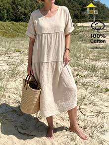 Balvessa Textured Vacation & Daily Versatile Dress For Middle-Aged And Elderly Women - Khaki - View 1