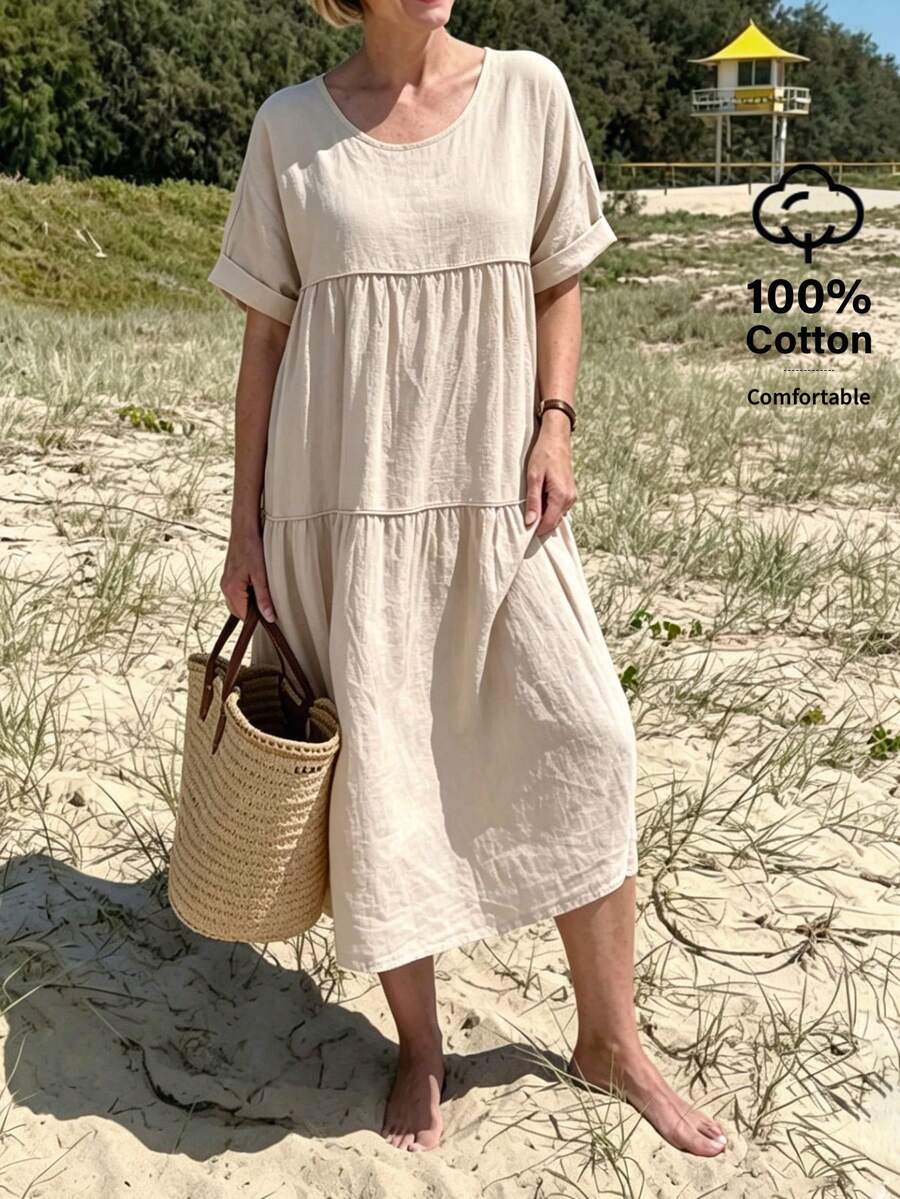 Balvessa Textured Vacation & Daily Versatile Dress For Middle-Aged And Elderly Women - Khaki - View 1