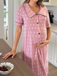 Moonlight&Mama Heart Jacquard Large Lapel Contrast Trim Striped Maternity Loungewear Dress - Pink - View 1