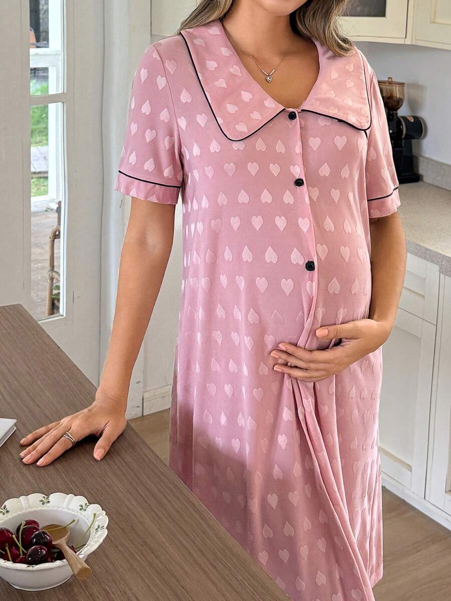 Moonlight&Mama Heart Jacquard Large Lapel Contrast Trim Striped Maternity Loungewear Dress - Pink - View 1