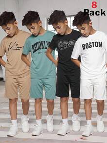 SHEIN 8件組青少年男童休閒寬鬆字母圖案圓領T恤短褲套裝，適合工作、上學、日常穿著、運動，春/夏 - 彩色 - 查看 2