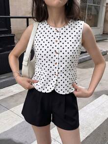 SHEIN XT26211 Bộ 2 món áo gile & quần short thường ngày phong cách Old Money mùa hè cho thanh thiếu niên, trang phục đi chơi thoải mái phù hợp mặc đi làm hàng ngày và đi nghỉ lễ - Đen và trắng - Xem 3