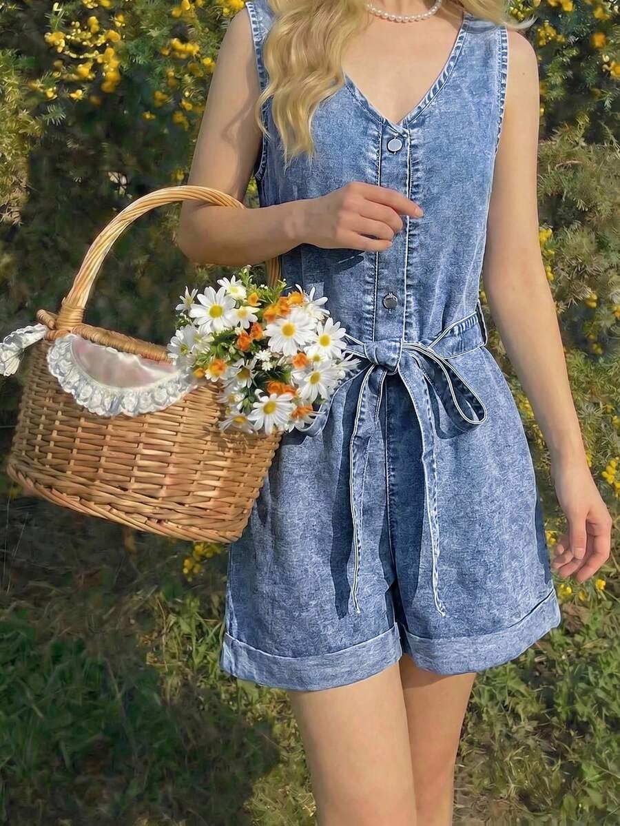 青少年女孩藍色牛仔腰帶無袖寬鬆連身褲休閒度假夏季節慶日海灘畢業季 - 藍色 - 查看 1