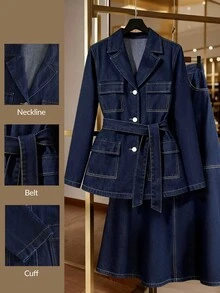Qadelle 女士休闲时尚街头翻领撞色缝线翻盖口袋系带牛仔夹克 - 藍色 - 查看 9